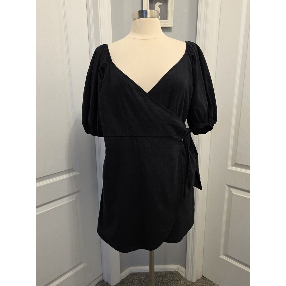 New Abercrombie & Fitch Linen Blend Faux Wrap Dress Puff Sleeve Large Petite LP - Picture 3 of 10